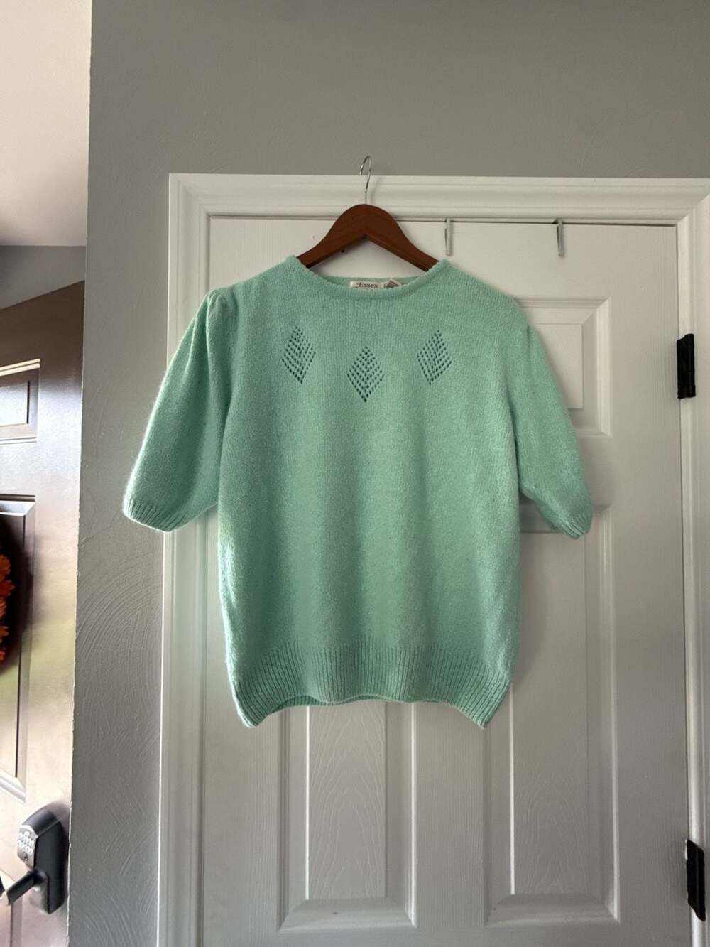Vintage Essex Junction Sweater Size L Mint Green Silk Blend Short Sleeve Knit